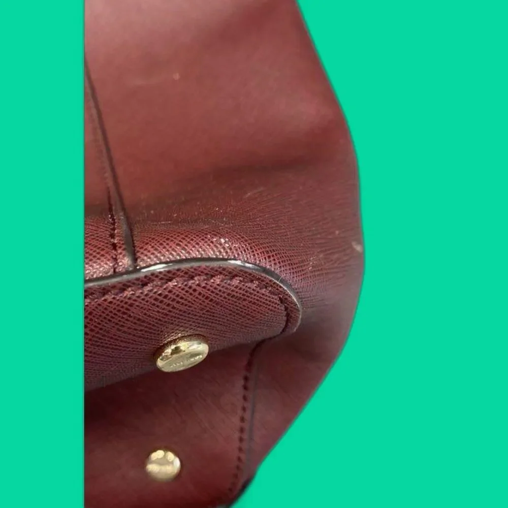 Calvin Klein Burgundy Saffiano Leather Top Zip Bag with Synthetic Trim
